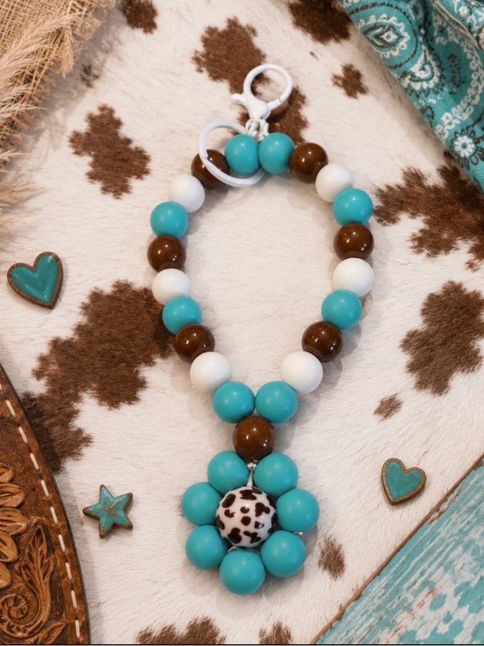 Handmade Turquoise, White & Brown Beaded Wristlet Keychain with Flower Pendant